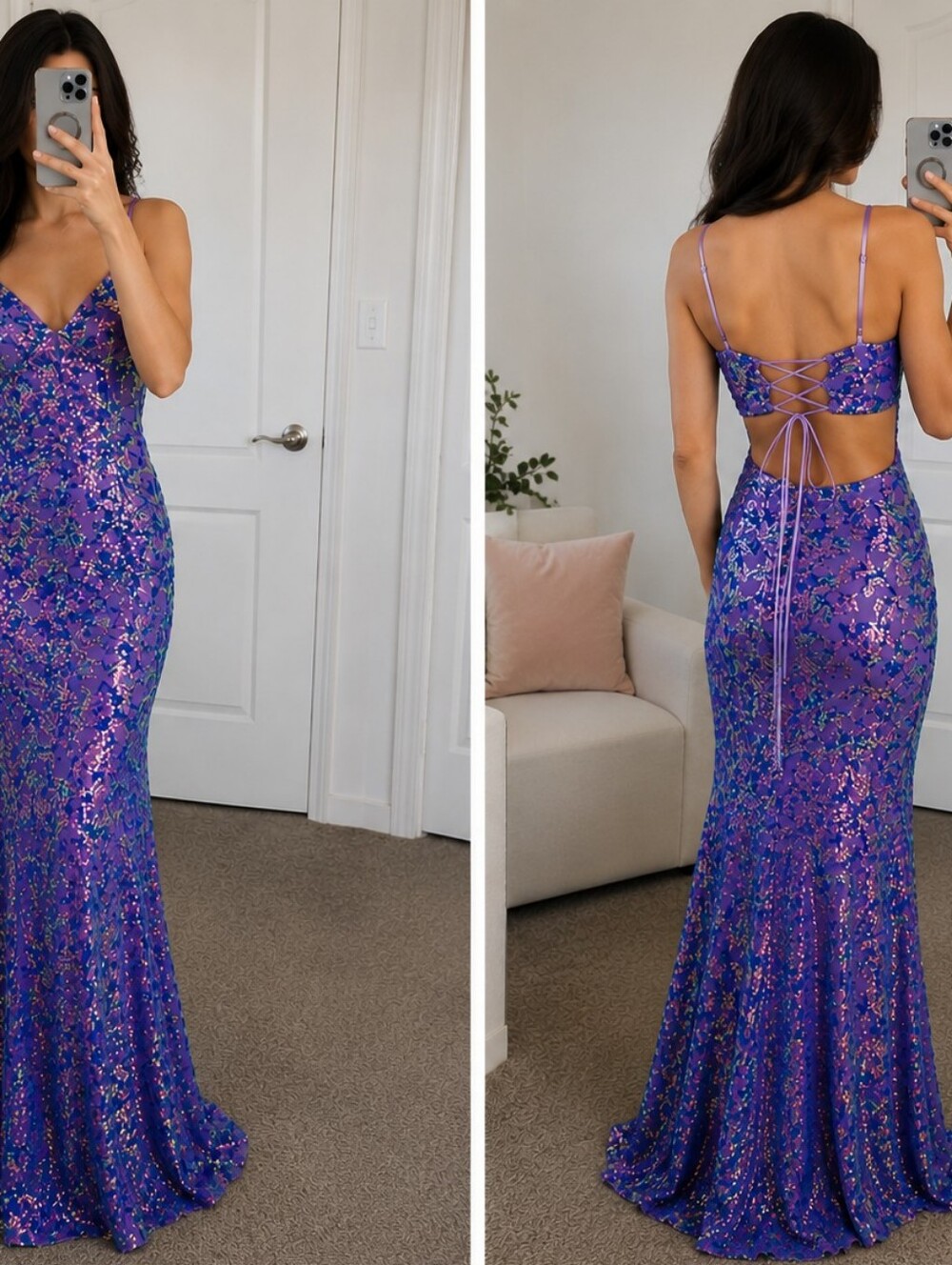 ✨ Emerald Sundae Purple Iridescent Sequin Lace-Up Prom Gown | Size Medium | NWT